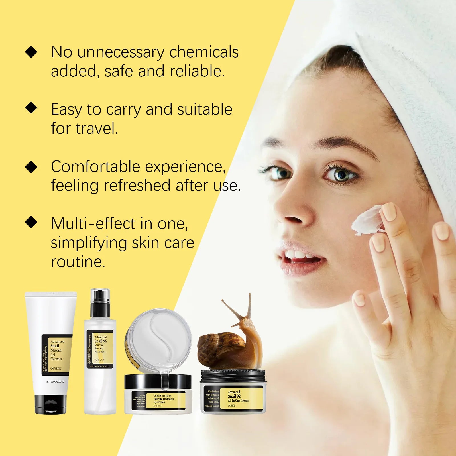 Ouhoe 1set Snail Mucin 96 Skin Care Set Moisturizing Smooth Fade Fine Lines Tighten Firming Gowing Face Repairing Face Serum Kit