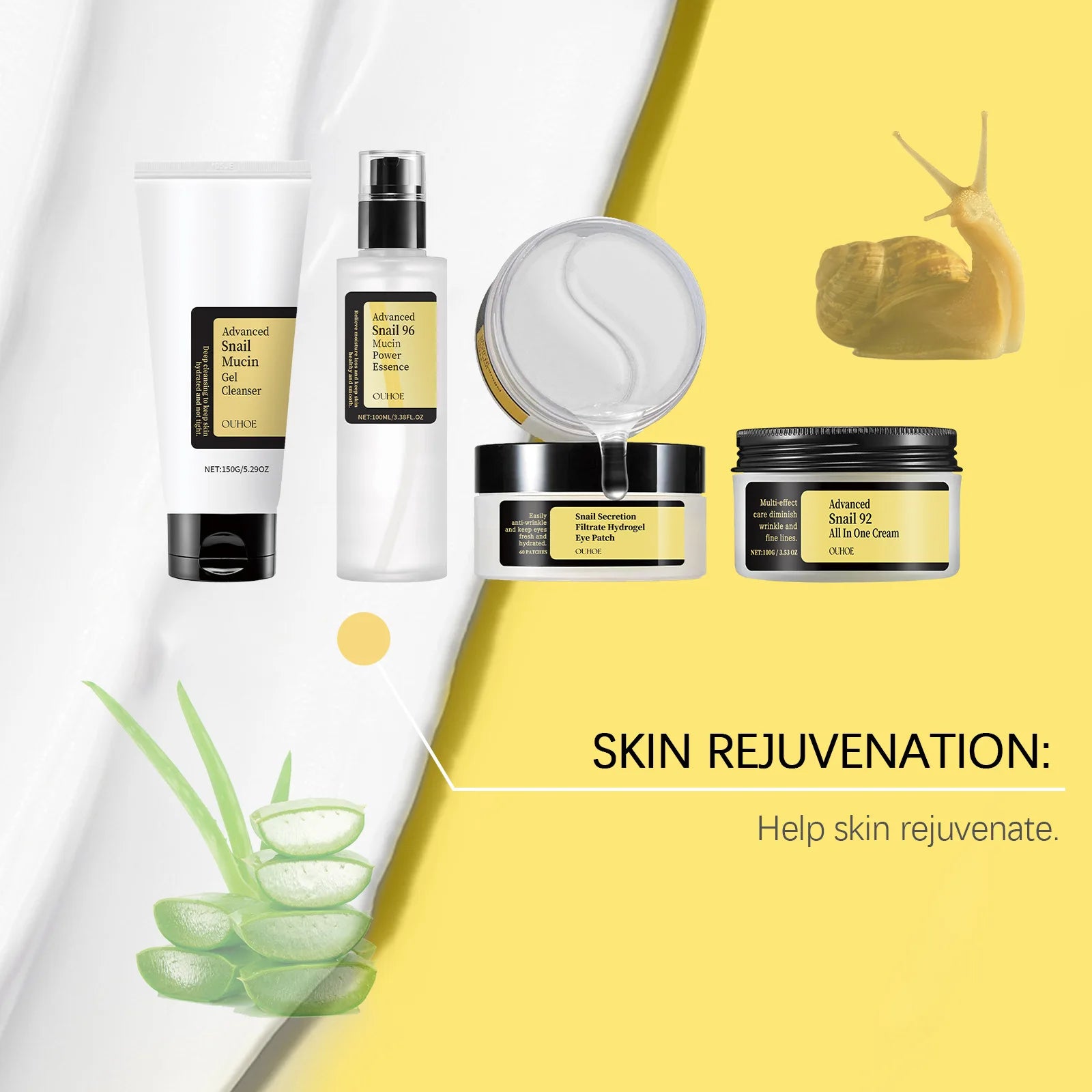 Ouhoe 1set Snail Mucin 96 Skin Care Set Moisturizing Smooth Fade Fine Lines Tighten Firming Gowing Face Repairing Face Serum Kit
