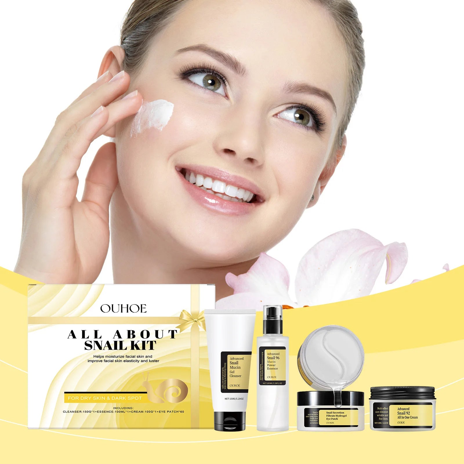 Ouhoe 1set Snail Mucin 96 Skin Care Set Moisturizing Smooth Fade Fine Lines Tighten Firming Gowing Face Repairing Face Serum Kit